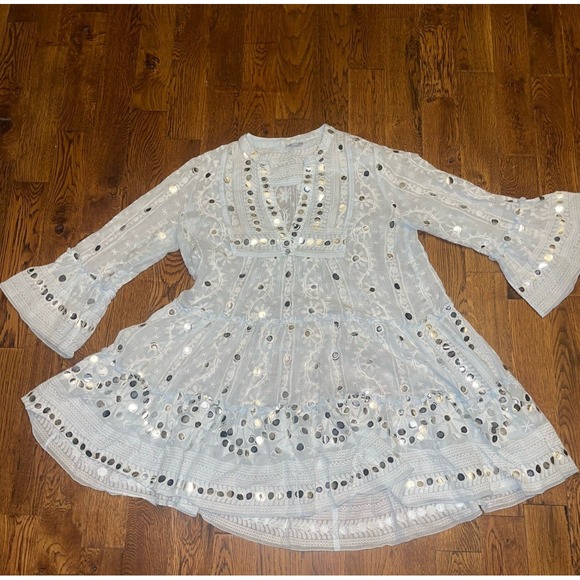 Juliet Dunn 1 US White Sequin Embroidered KAFTAN Beach Cover Up Tunic Dress - Picture 1 of 7